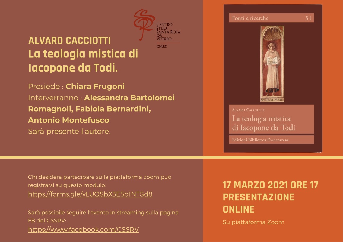 Presentazione online A.Cacciotti, La teologia mistica di Iacopone da Todi, 17 marzo 2021